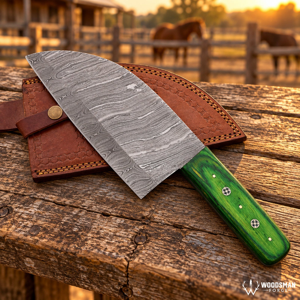 Emerald Mosaiccrest™ Damascus Serbian Chef Knife – Green Pakka Wood Handle WOODSMAN FORGE