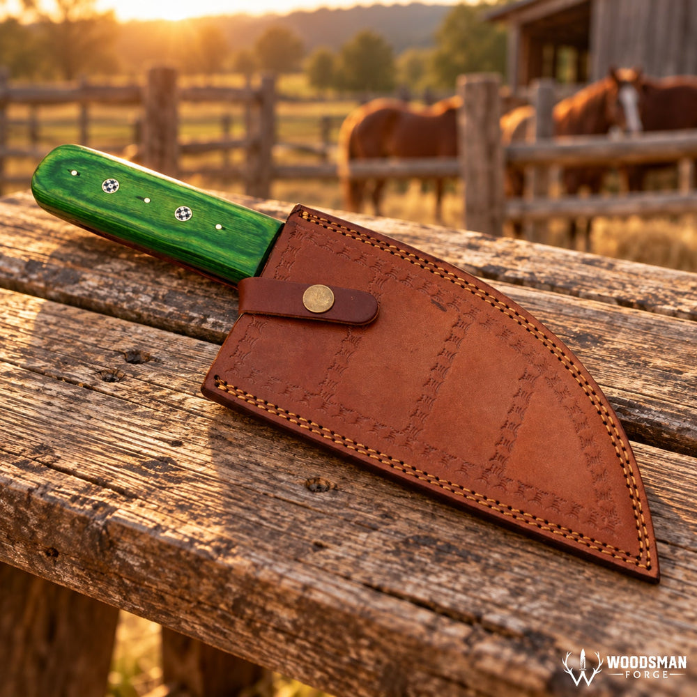 Emerald Mosaiccrest™ Damascus Serbian Chef Knife – Green Pakka Wood Handle WOODSMAN FORGE