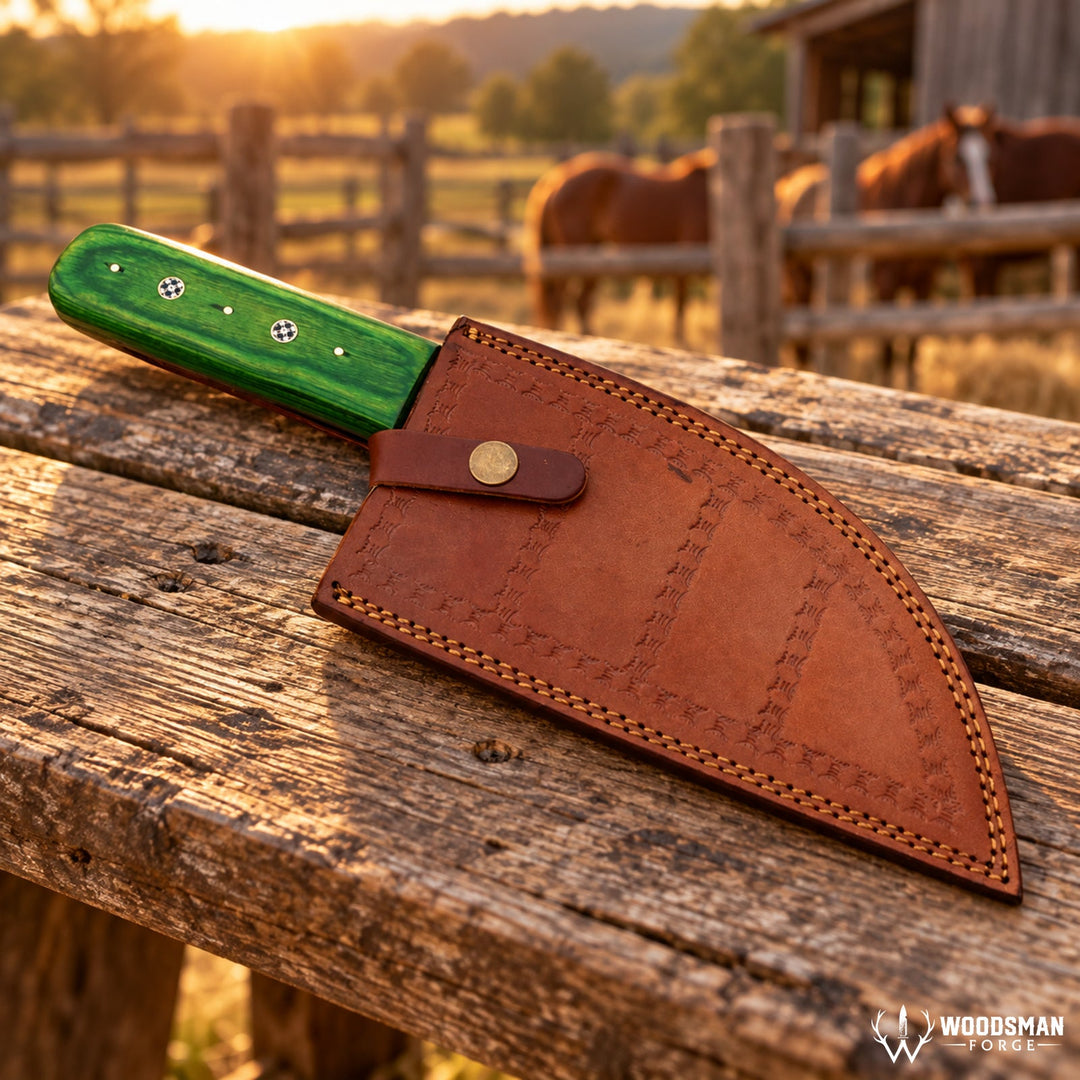 Emerald Mosaiccrest™ Damascus Serbian Chef Knife – Green Pakka Wood Handle WOODSMAN FORGE