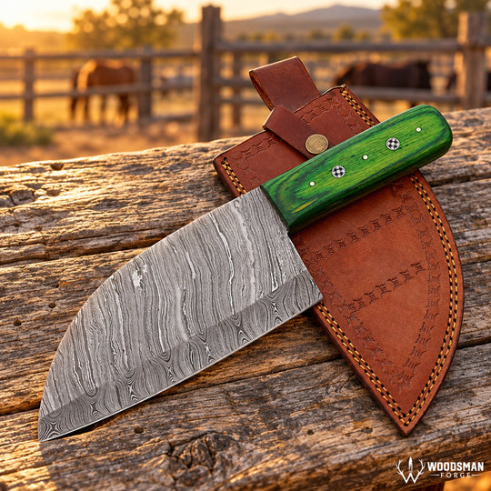 Emerald Mosaiccrest™ Damascus Serbian Chef Knife – Green Pakka Wood Handle WOODSMAN FORGE