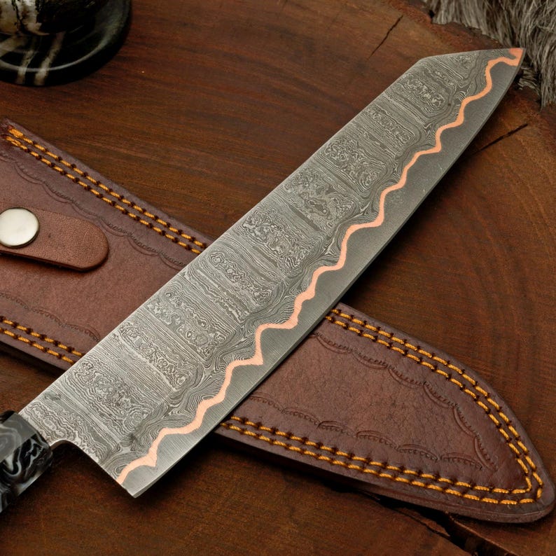 Handcrafted Copper Damascus Chef Knife with Green Resin Handle