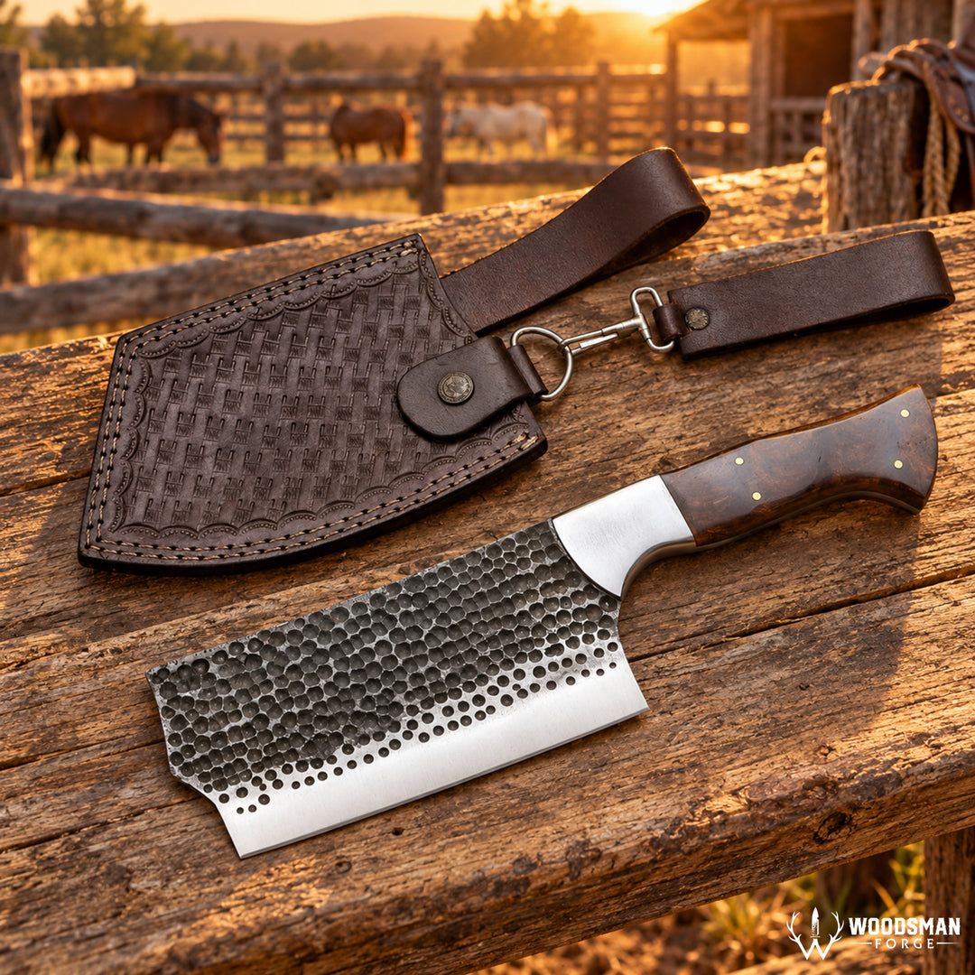 A large cleaver-style knife with a hammered steel blade and dark wood handle rests on a rustic wooden fence rail, with a dark brown leather sheath beside it. A blurred outdoor ranch scene with horses and a barn appears in the background at sunset.