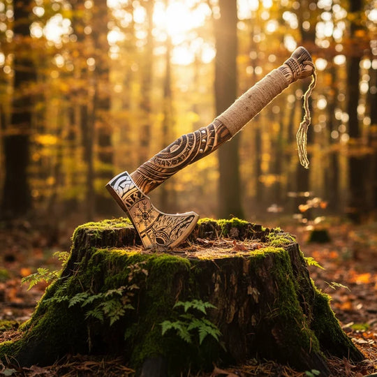 Hand Engraved Norse Viking Axe with Carved Wood Handle &amp; Rope Wrap