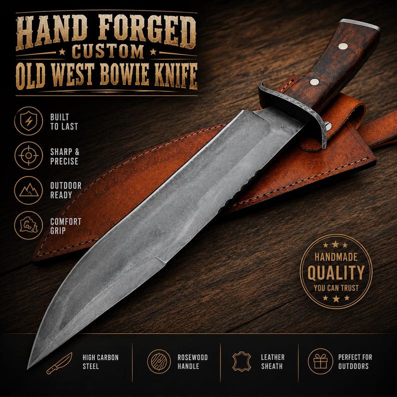 Hand Forged Bowie Hunting Knife with Wooden Handle &amp; Leather Sheath