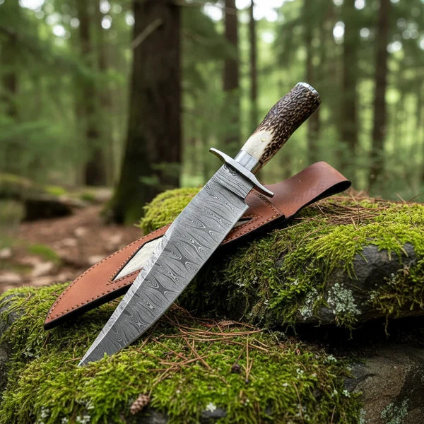 Hand-Forged Damascus Bowie Knife – Stag Horn Handle &amp; Steel Cross Guard