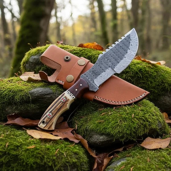 Hand Forged Damascus Tracker Knife with Genuine Stag Antler Handle