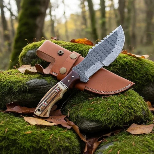 Hand Forged Damascus Tracker Knife with Genuine Stag Antler Handle