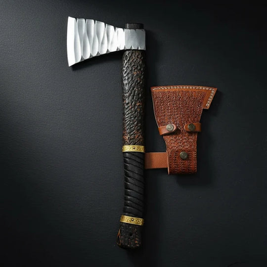 Hand Forged Viking Axe with Leather Wrapped Handle &amp; Tooled Sheath