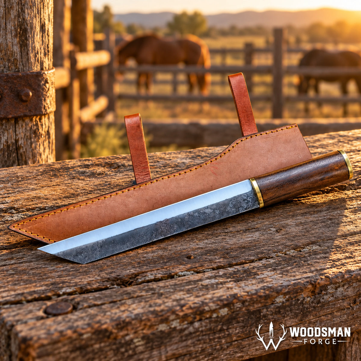 A fixed-blade knife with a dark wood handle and partially finished steel blade rests on a rustic wooden surface beside a tan leather sheath. The background shows a blurred outdoor ranch scene with horses and fencing at sunset.