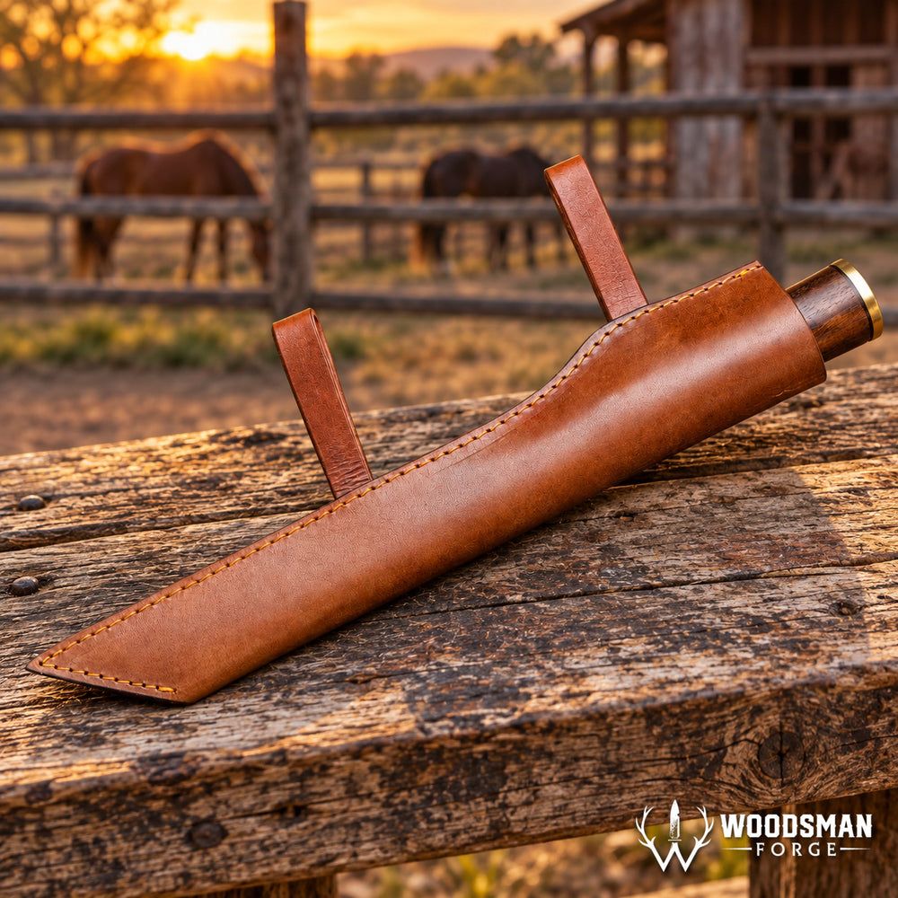 A brown leather sheath containing a wooden-handled tool, resting on a rustic wooden table with a blurred farm scene in the background at sunset. The Woodman Forge logo is visible in the bottom right corner.
