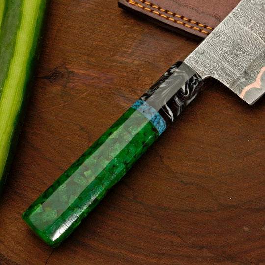 Handcrafted Copper Damascus Chef Knife with Green Resin Handle