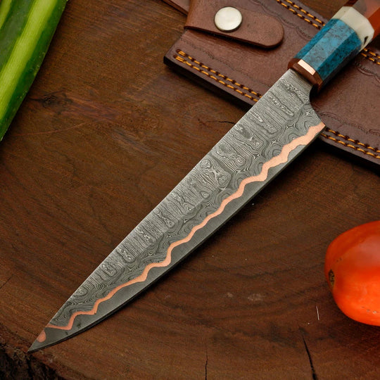 Handforged Copper Damascus Chef Knife with Resin Handle &amp; Leather Sheath