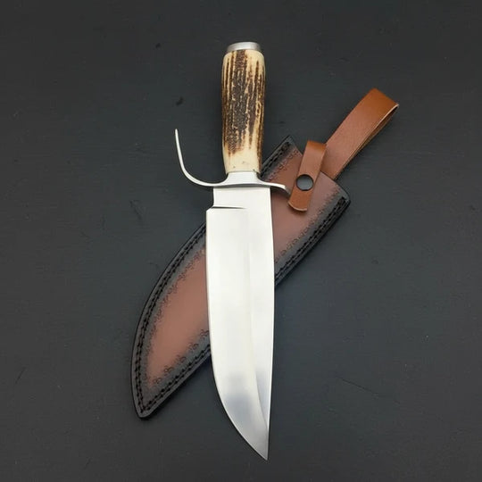 Handmade D2 Steel Bowie Knife – Natural Antler Handle &amp; Leather Sheath