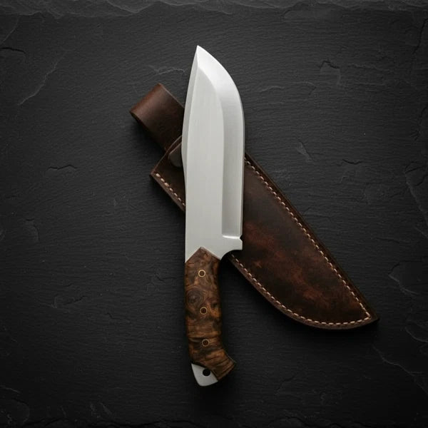 Handmade D2 Steel Bowie Knife – Stabilized Burl Wood Handle &amp; Leather Sheath