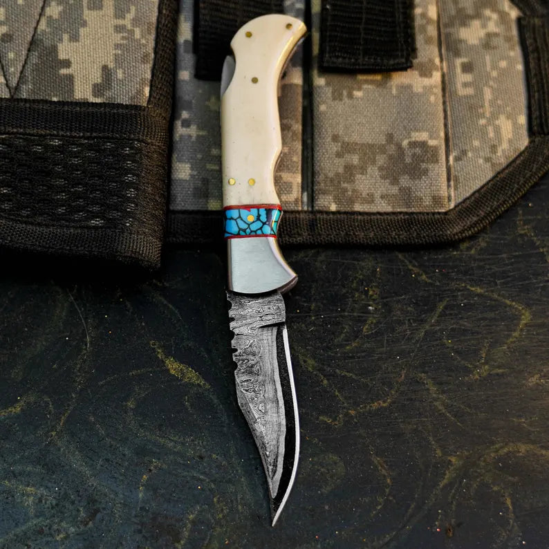 Damascus San Mai Knife with Camel Bone Handle