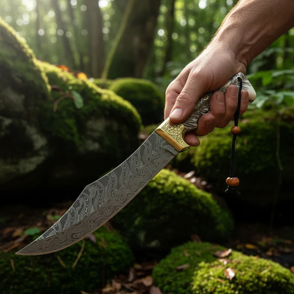 Handmade Damascus Steel Bowie Knife with Engraved Resin Handle &amp; Leather Sheath