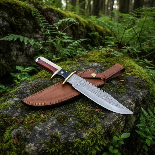 Handmade Damascus Bowie Knife – Rosewood &amp; Bone Handle, Brass Guard &amp; Leather Sheath