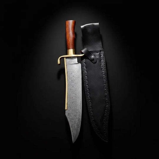 Handmade Damascus Bowie Knife – Rosewood Handle, Brass Guard &amp; Leather Sheath