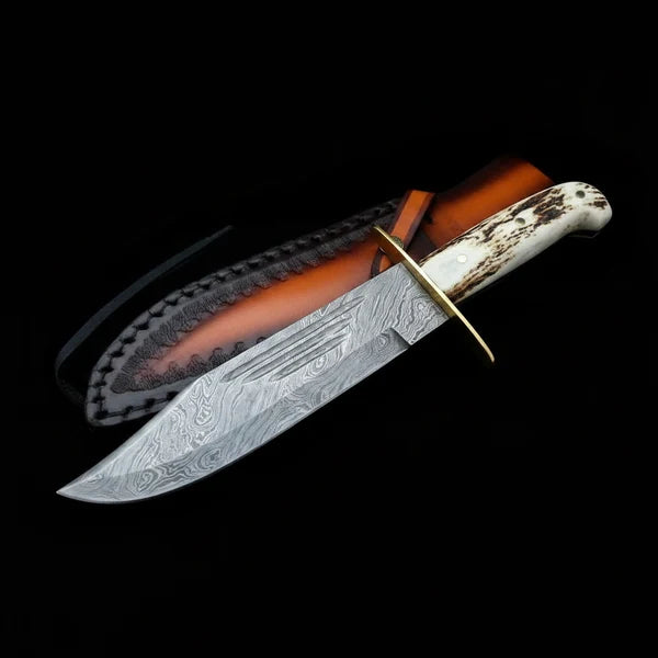 Handmade Damascus Bowie Knife – Stag Antler Handle, Brass Guard &amp; Leather Sheath
