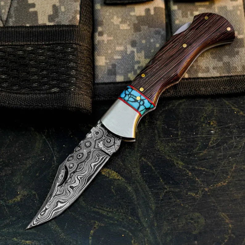 Damascus Folding Hunting Pocket Knife – Wenge Wood Handle