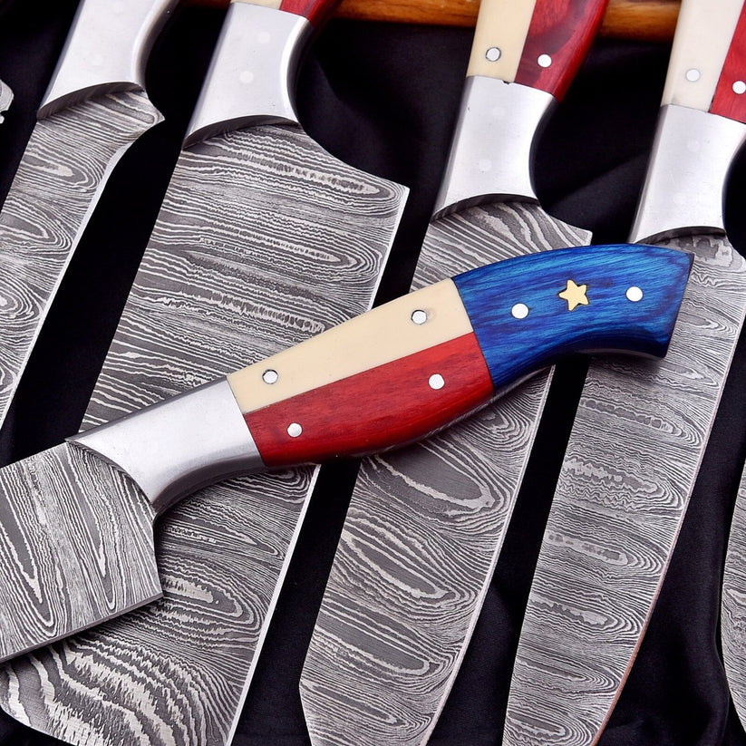 7-Piece Handmade Damascus Steel Chef Knife Set – Twist Pattern Full Tang Kitchen Knives