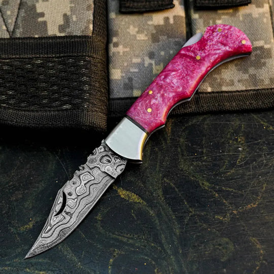 Handmade Damascus Folding Pocket Knife with Resin Handle