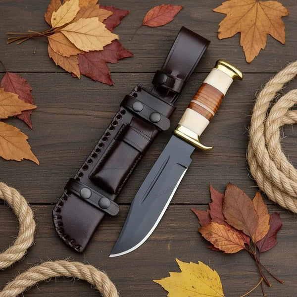 Handmade Fixed Blade Hunting Knife – Stacked Leather Handle &amp; Black Leather Sheath