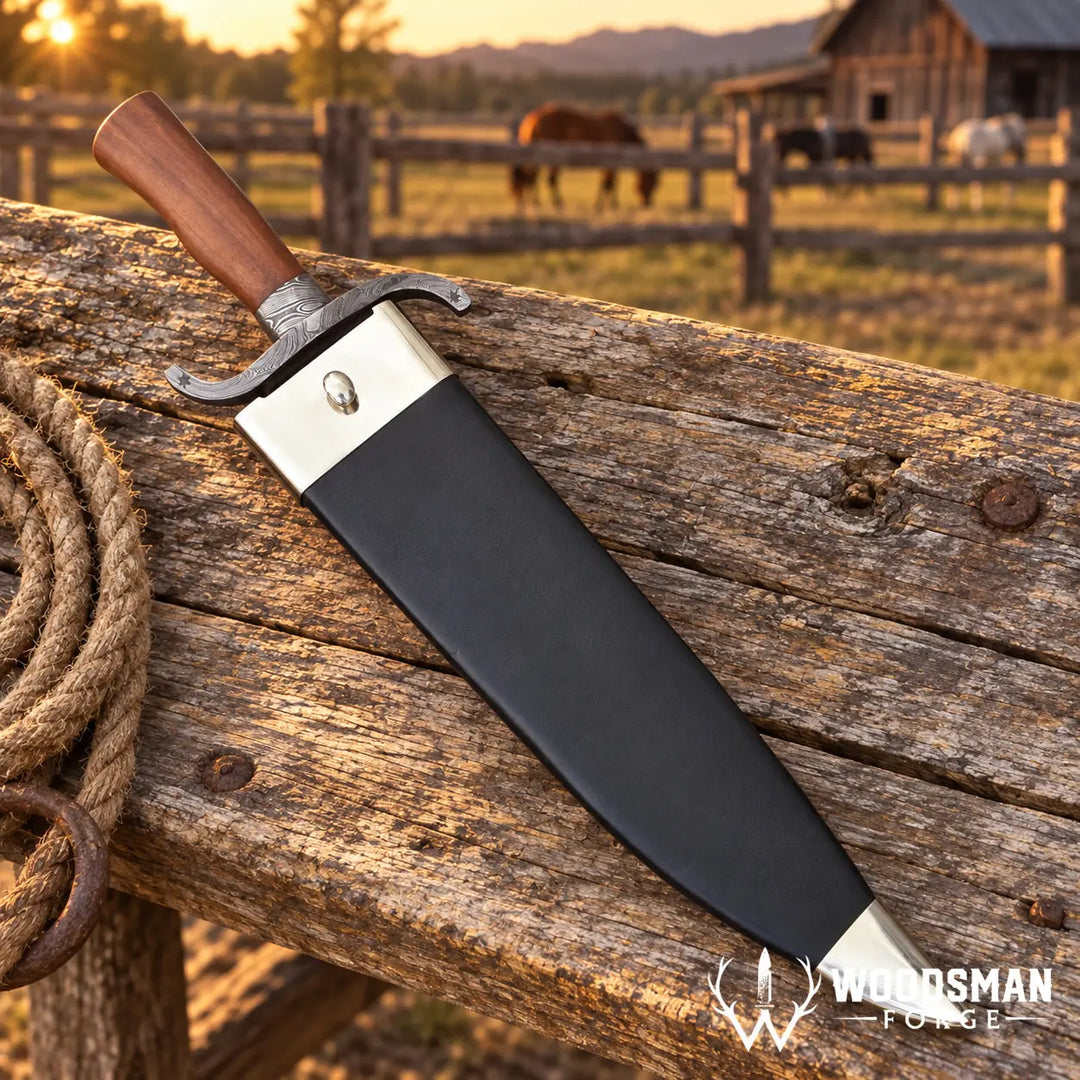 A fixed-blade knife with a dark gray sheath, silver-toned metal guard and tip, and a brown wooden handle, resting on a rustic wooden fence in an outdoor ranch setting at sunset. The &