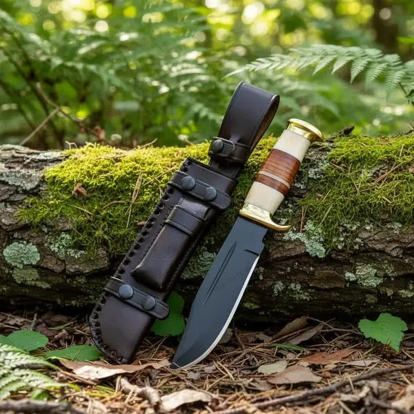 Handmade Fixed Blade Hunting Knife – Stacked Leather Handle & Black Leather Sheath WOODSMAN FORGE