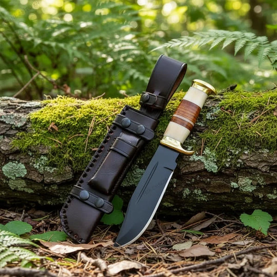 Handmade Fixed Blade Hunting Knife – Stacked Leather Handle &amp; Black Leather Sheath