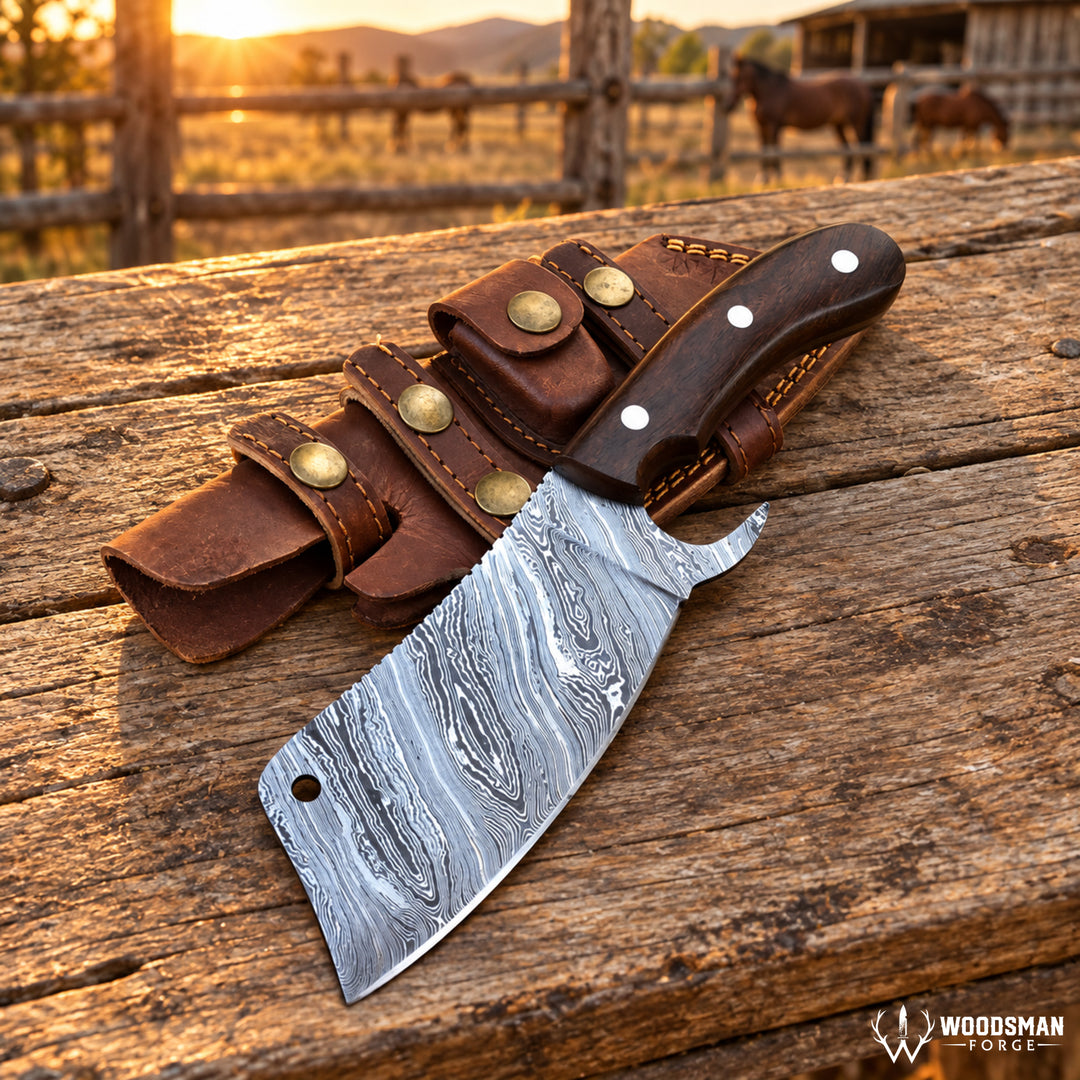 A custom fixed-blade knife with a Damascus steel cleaver-style blade and a dark wood handle, displayed next to its brown leather sheath on a rustic wooden table. The background shows a blurred outdoor ranch scene at sunset with horses and a fence.