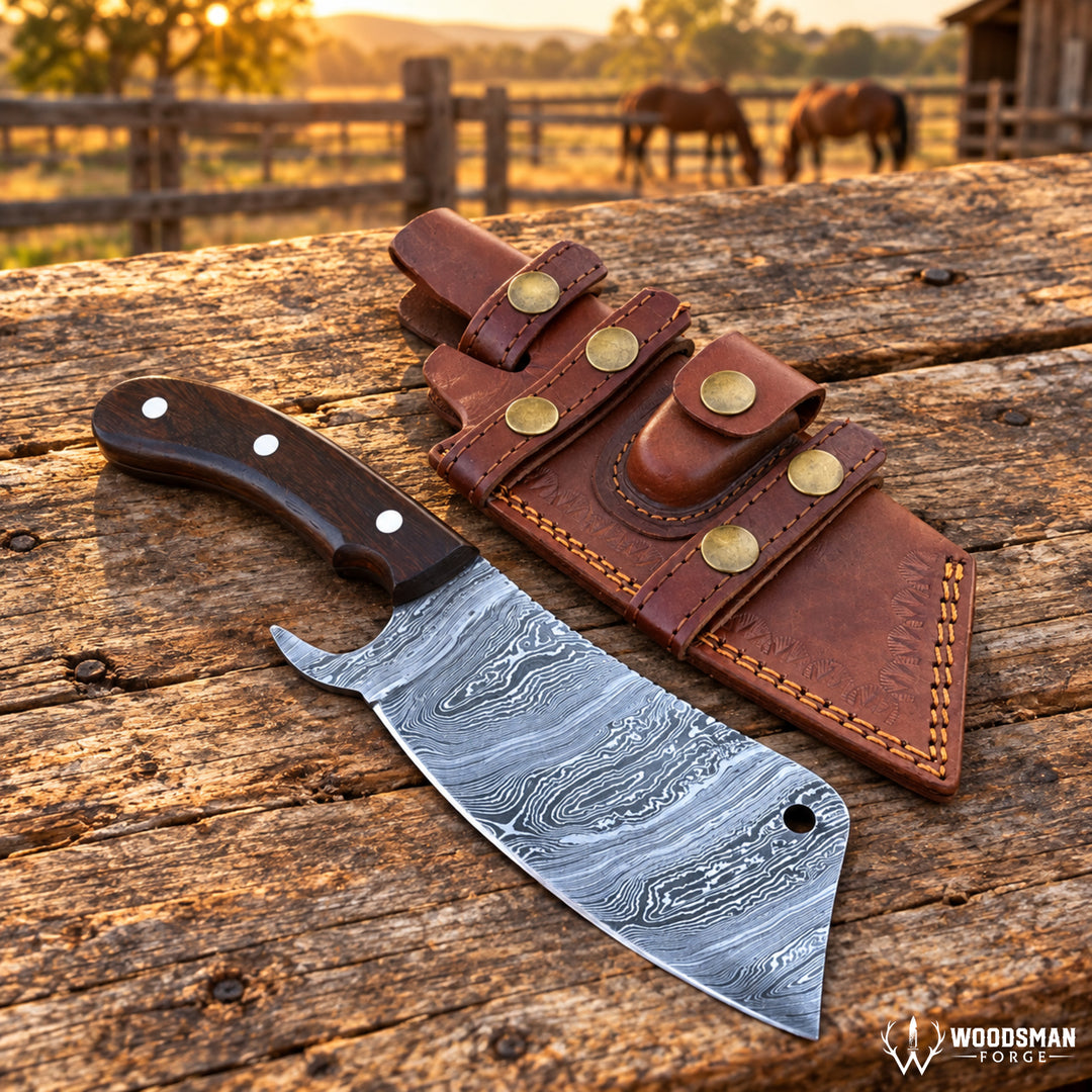 A Damascus steel cleaver-style knife with a dark wood handle rests on a rustic wooden table next to a brown leather sheath with brass snaps. A blurred outdoor ranch scene with horses is visible in the background at sunset.