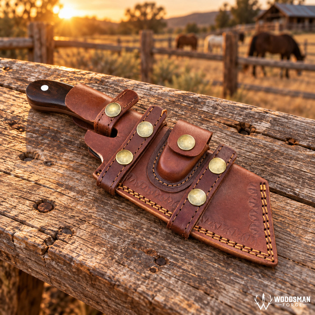 A brown leather knife sheath with brass snap buttons and a dark wooden handle, resting on a weathered wooden fence rail in an outdoor ranch setting at sunset with cows in the background.