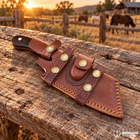A brown leather knife sheath with brass snap buttons and a dark wooden handle, resting on a weathered wooden fence rail in an outdoor ranch setting at sunset with cows in the background.