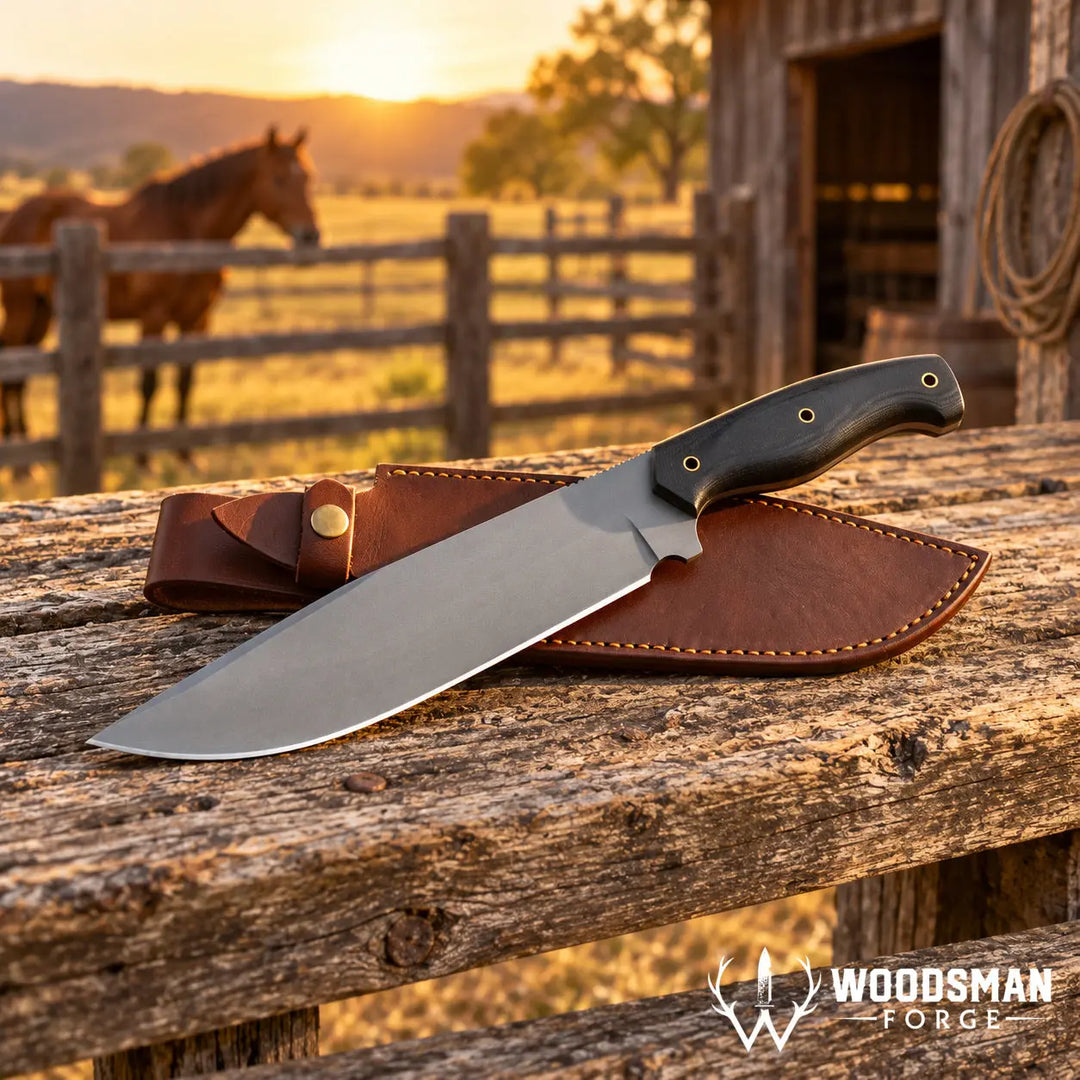 Ironbark Bushcraft Knife – Burlap Micarta Handle & Cowhide Sheath WOODSMAN FORGE