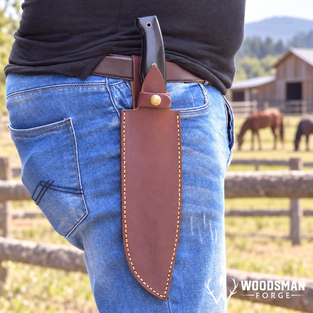 Ironbark Bushcraft Knife – Burlap Micarta Handle & Cowhide Sheath WOODSMAN FORGE