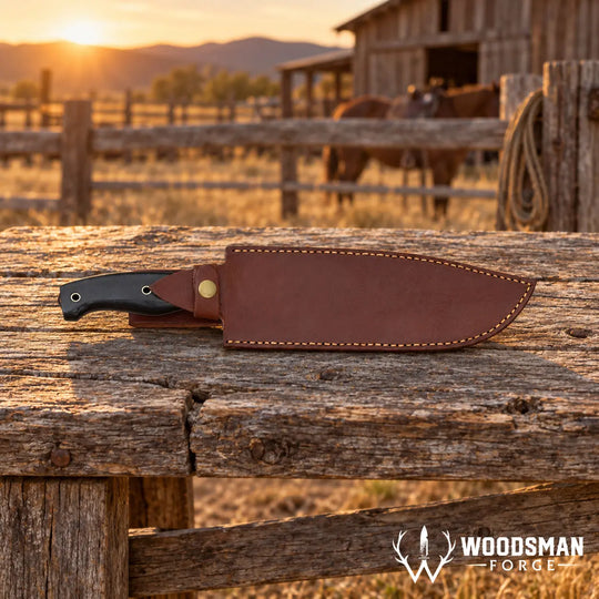 Ironbark Bushcraft Knife – Burlap Micarta Handle &amp; Cowhide Sheath WOODSMAN FORGE