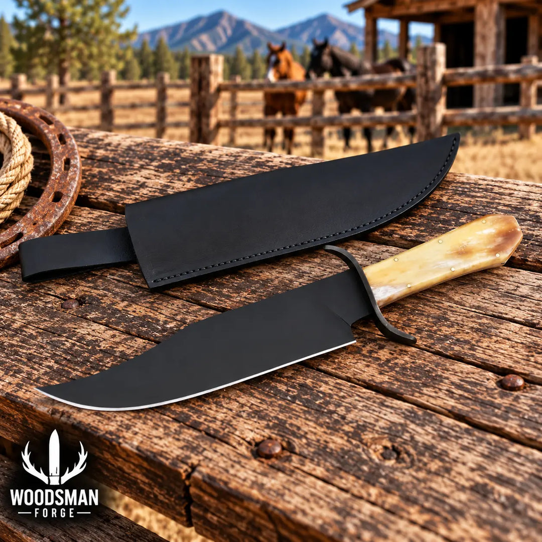 A fixed-blade knife with a matte black blade and a light tan bone handle rests on a rustic wooden table next to its black sheath. The background shows a blurred outdoor ranch scene with horses and mountains, and a &