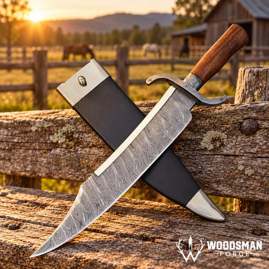 A large fixed-blade knife with a patterned steel blade, wooden handle, and black sheath, displayed on a rustic wooden fence in an outdoor farm setting at sunset. The Woodsman Force logo is visible in the bottom right corner.