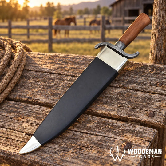 A medieval-style dagger with a black scabbard, silver-toned metal blade and guard, and a brown wooden handle, resting on a rustic wooden fence with horses in the background. The &