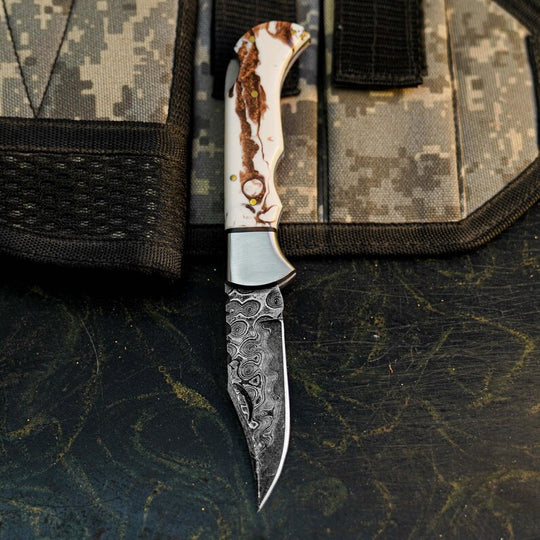 Damascus San Mai Pocket Knife with Resin Handle