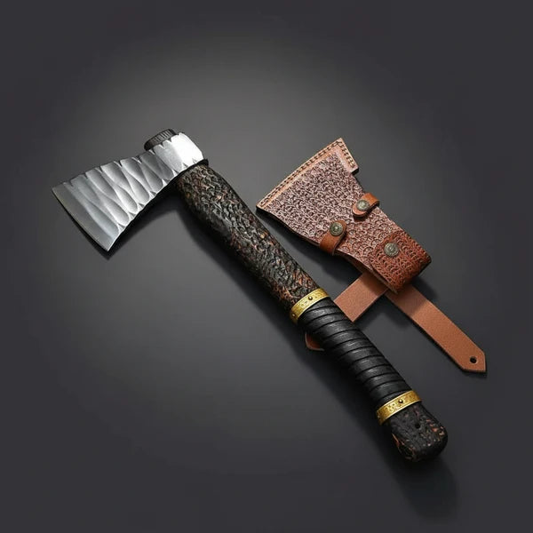 Hand Forged Viking Axe with Leather Wrapped Handle &amp; Tooled Sheath