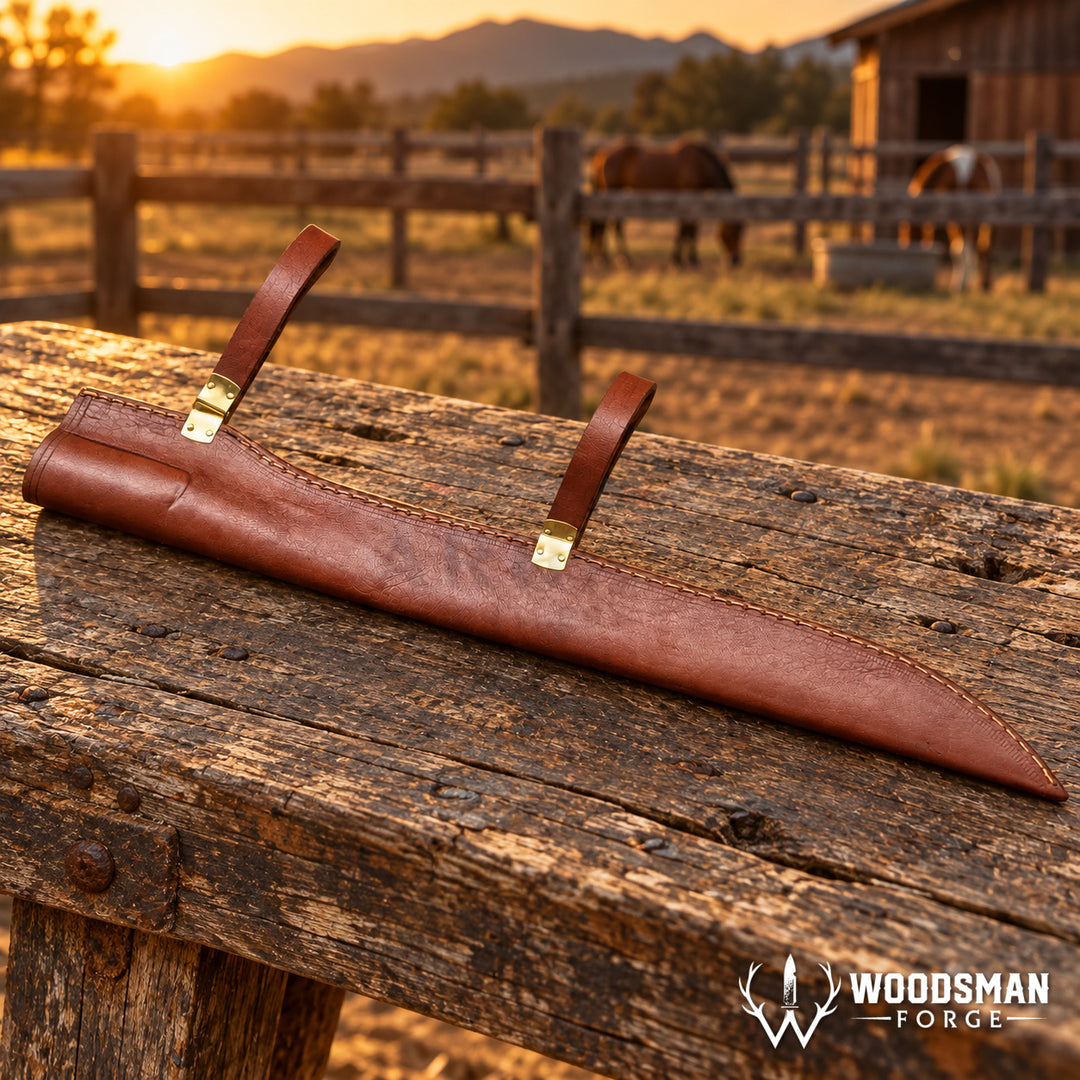 A brown leather knife sheath with brass-colored metal accents and two leather loops, resting on a rustic wooden fence rail in an outdoor ranch setting at sunset. The background shows a wooden fence, mountains, and horses.