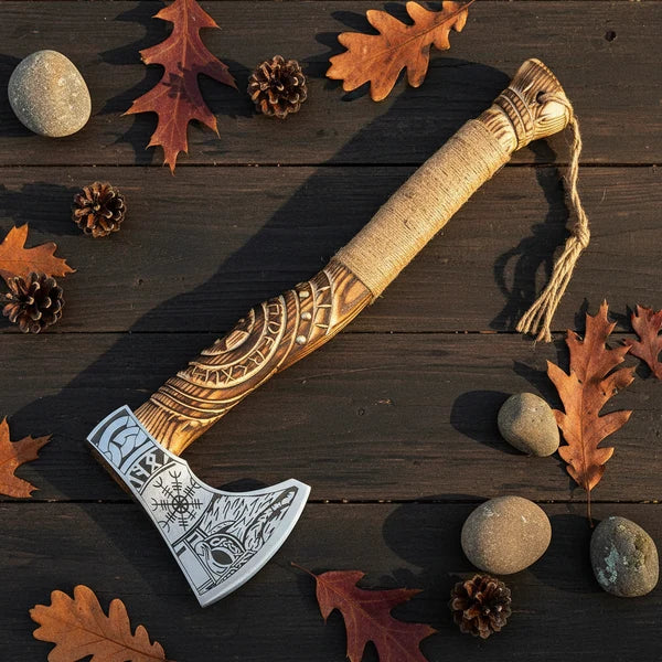 Hand Engraved Norse Viking Axe with Carved Wood Handle &amp; Rope Wrap