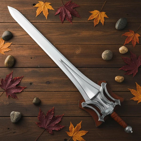 Fantasy Medieval Broad Sword with Ornate Silver Guard &amp; Leather Grip