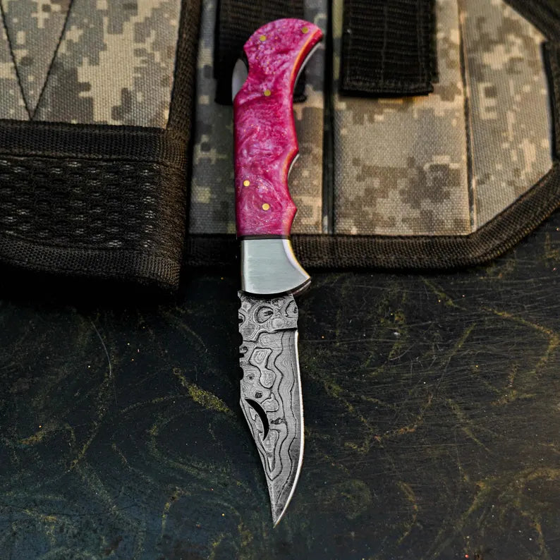 Handmade Damascus Folding Pocket Knife with Resin Handle