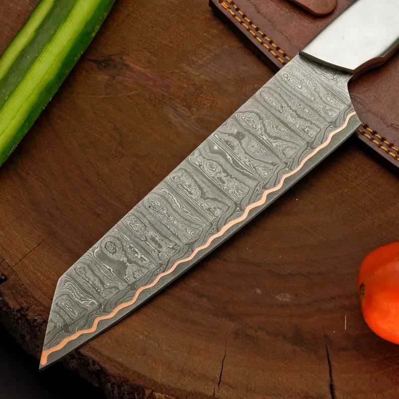 Copper Damascus Chef Knife with Silver Steel Handle &amp; Leather Sheath