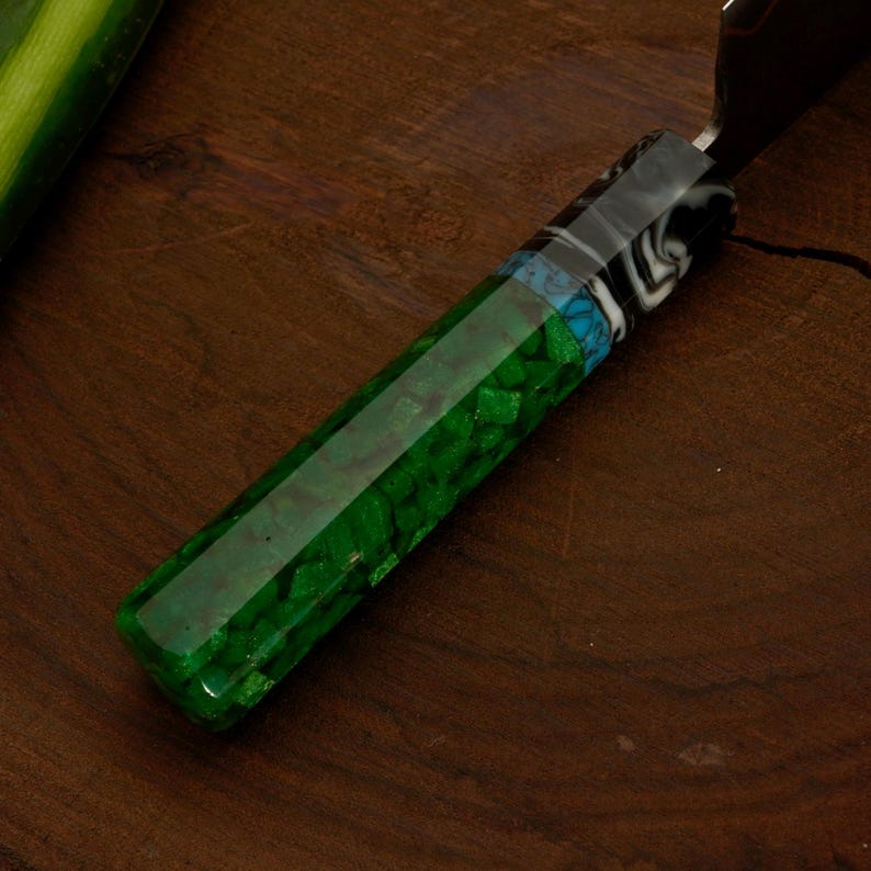Handcrafted Copper Damascus Chef Knife with Green Resin Handle