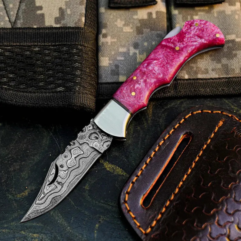 Handmade Damascus Folding Pocket Knife with Resin Handle
