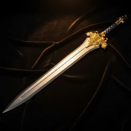 Royal Lion Guard Broad Sword with Blue Leather Handle &amp; Ornate Gold Details